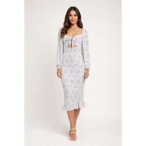 Mable Women's Floral Dress Cut Out Front Tie Smocked Body Sheer Sleeves Romantic